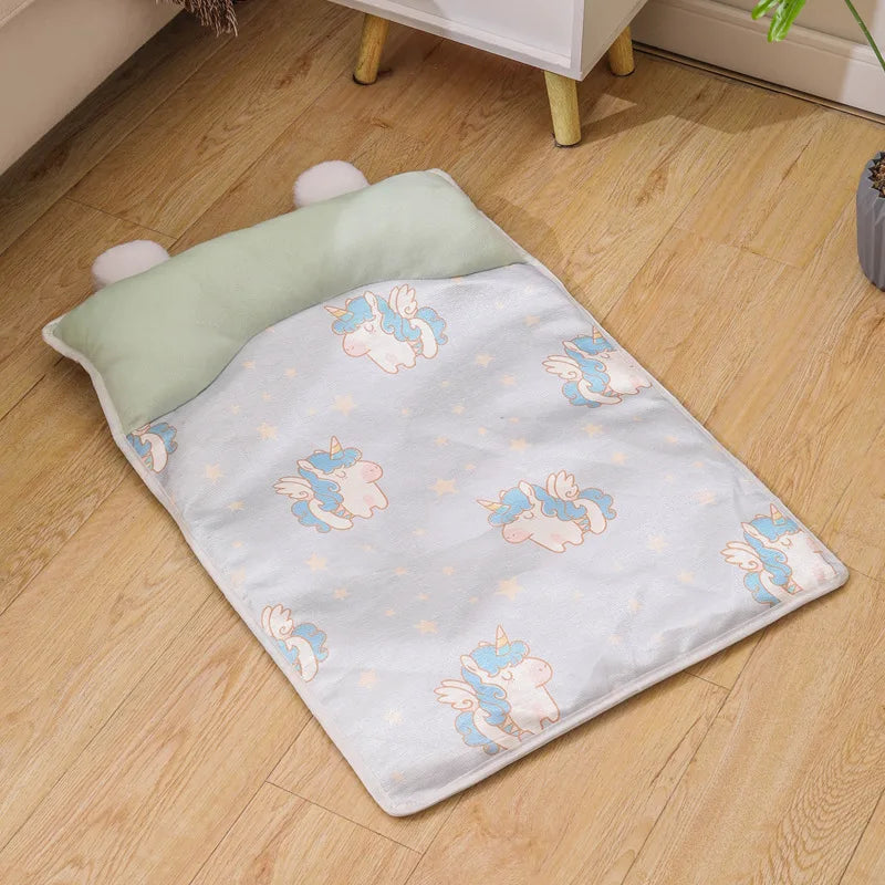 Summer Ice Silk Cold Mat Universal for Small Medium-sized Dog Beds Printed with Pillow Soft and Comfortable Cat Bed Accessories