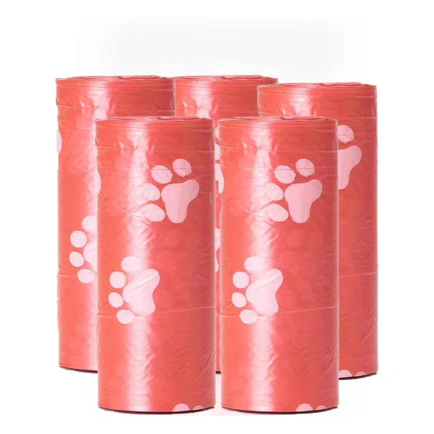 Pet Poop Bags Disposable Dog Waste Bags Bulk Poop Bags with Leash Clip and Bone Bag Dispenser 5Roll(75Pcs) Bags with Paw Prints