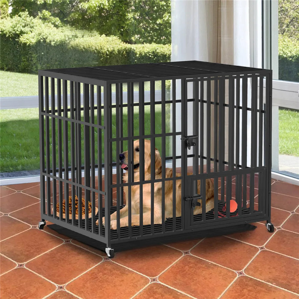 Bingopaw 37” 42” 46” Heavy Duty Dog Cage Metal Pet Dog Crate 3 Doors Locks Design Kennel Playpen with 4 Wheels Removable Tray