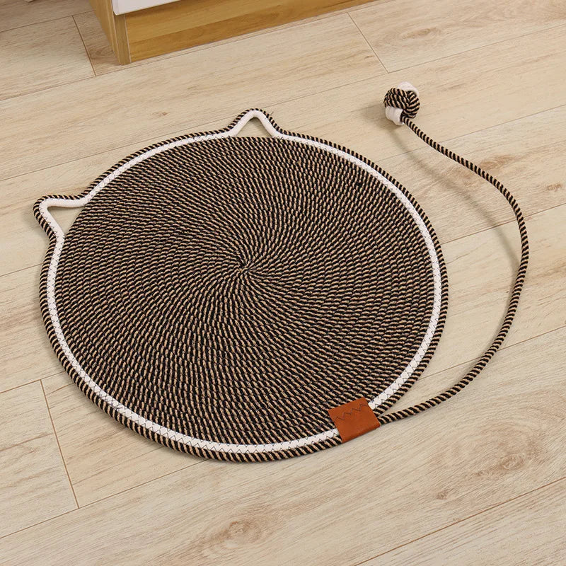 Cotton Rope Cat Scratching Mat Cute Cat Head Shape Scratch Pad with Knotted Toy Ball Wear Resistant Cat Grinding Claw Pad Indoor