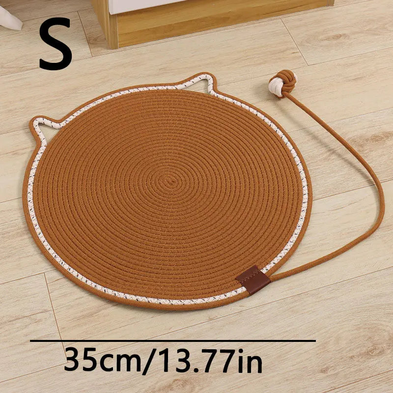 Cotton Rope Cat Scratching Mat Cute Cat Head Shape Scratch Pad with Knotted Toy Ball Wear Resistant Cat Grinding Claw Pad Indoor