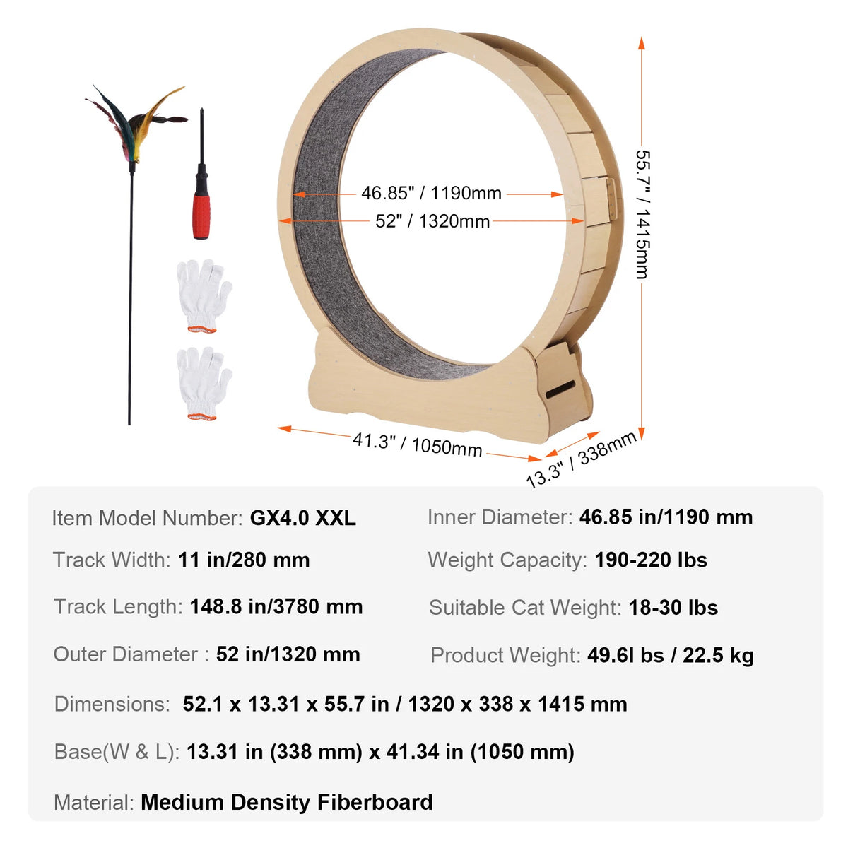 SucceBuy Wooden Cat Exercise Wheel Large Cat Treadmill Wheel for Indoor Cat Running Wheel with Detachable Carpet & Cat Teaser