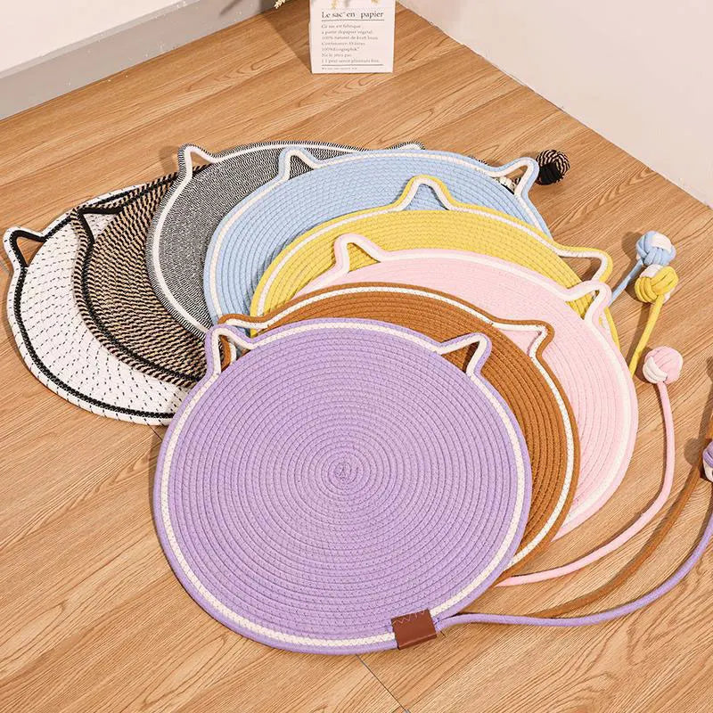 Cotton Rope Cat Scratching Mat Cute Cat Head Shape Scratch Pad with Knotted Toy Ball Wear Resistant Cat Grinding Claw Pad Indoor