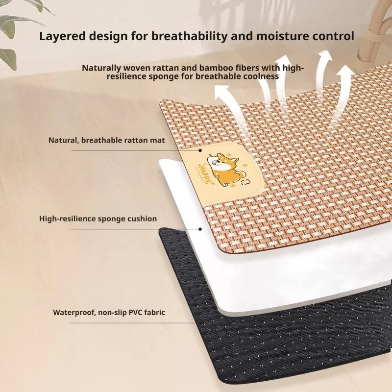 Pet Cooling Mat for Dogs Cats, Summer Rattan Sleeping Pad, Non-Slip Breathable Bed Mat