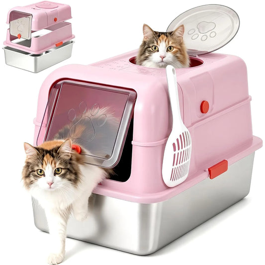 Dog-Proof Fully Enclosed Stainless Steel Litter Box with Lid | Enclosed, High Sided, Front Entry & Top Exit, Leak Proof Design, Scoop Included, Great for Large & Multi-Cat Homes - Pink