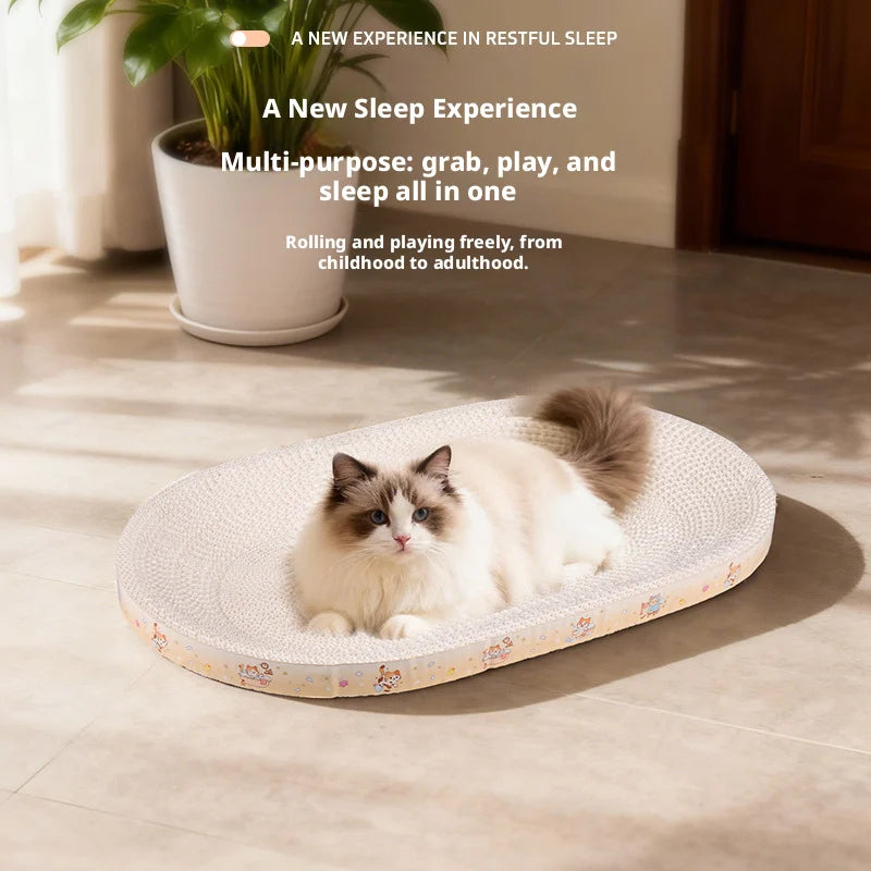 Round & Oval Corrugated Cat Scratcher Bed 2-in-1, Wear-resistant No Mess Cat Scratching Pad Nest Toy