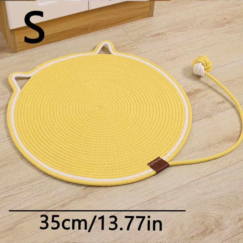 Cotton Rope Cat Scratching Mat Cute Cat Head Shape Scratch Pad with Knotted Toy Ball Wear Resistant Cat Grinding Claw Pad Indoor