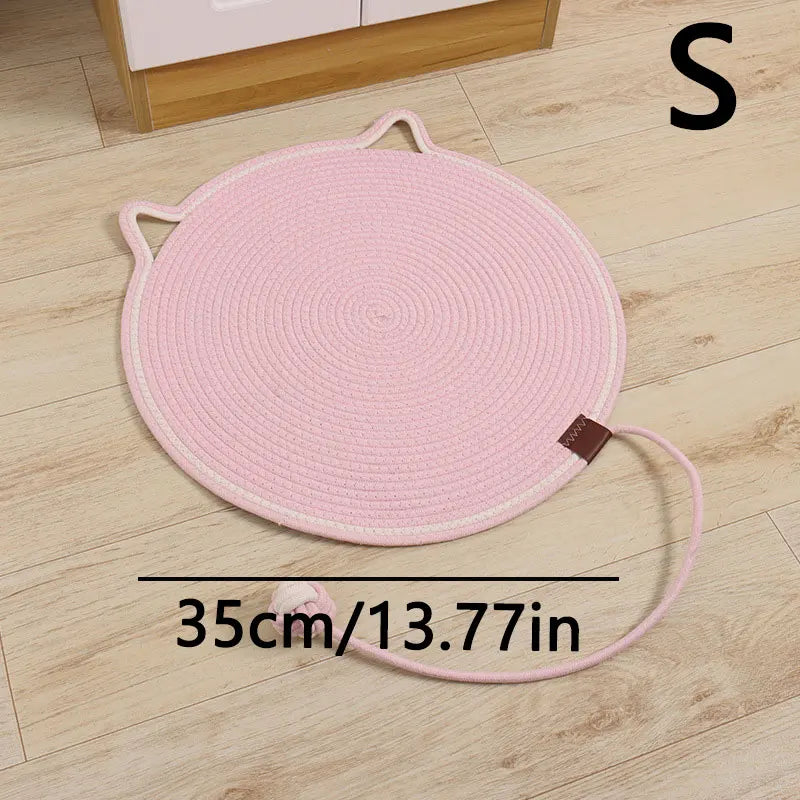Cotton Rope Cat Scratching Mat Cute Cat Head Shape Scratch Pad with Knotted Toy Ball Wear Resistant Cat Grinding Claw Pad Indoor