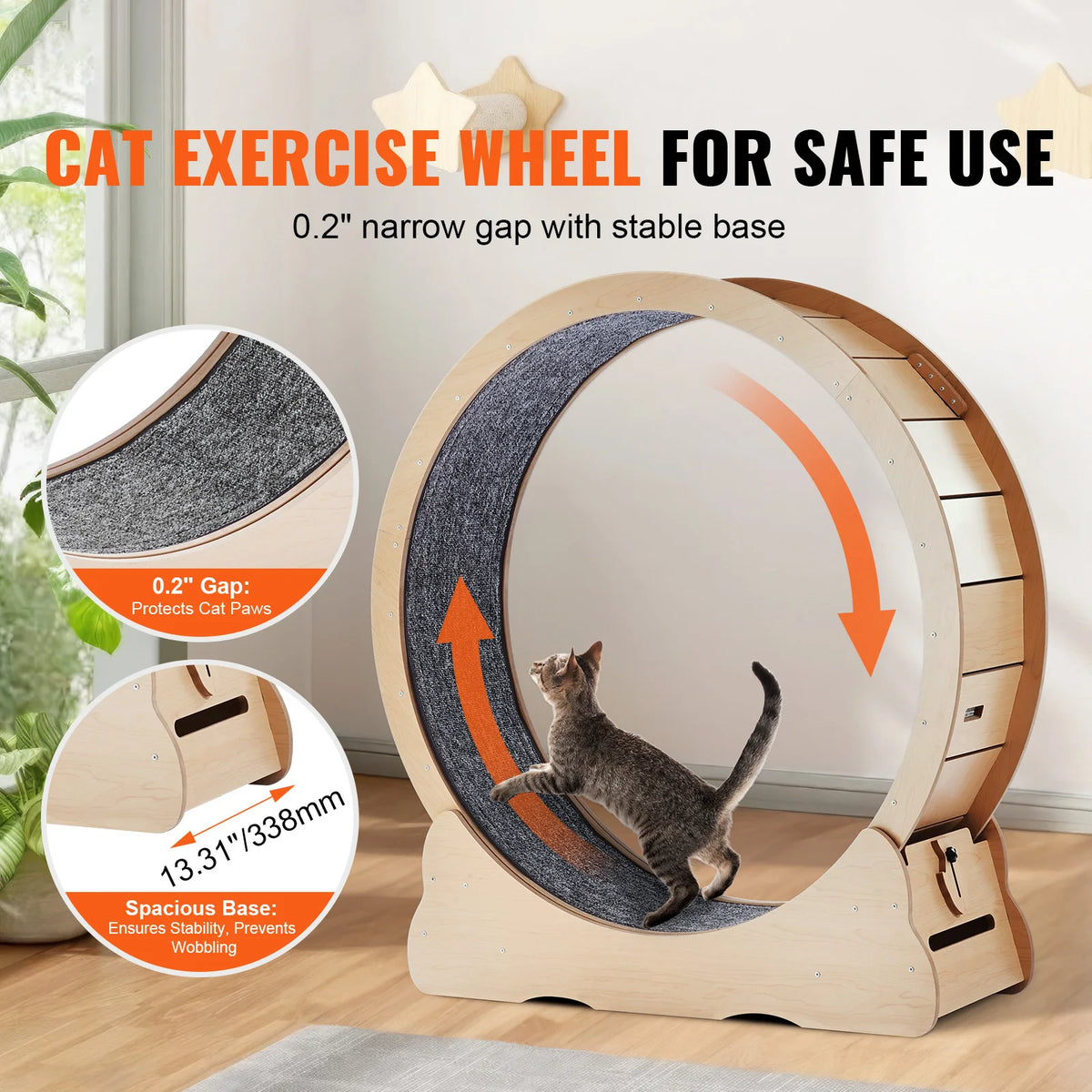 SucceBuy Wooden Cat Exercise Wheel Large Cat Treadmill Wheel for Indoor Cat Running Wheel with Detachable Carpet & Cat Teaser