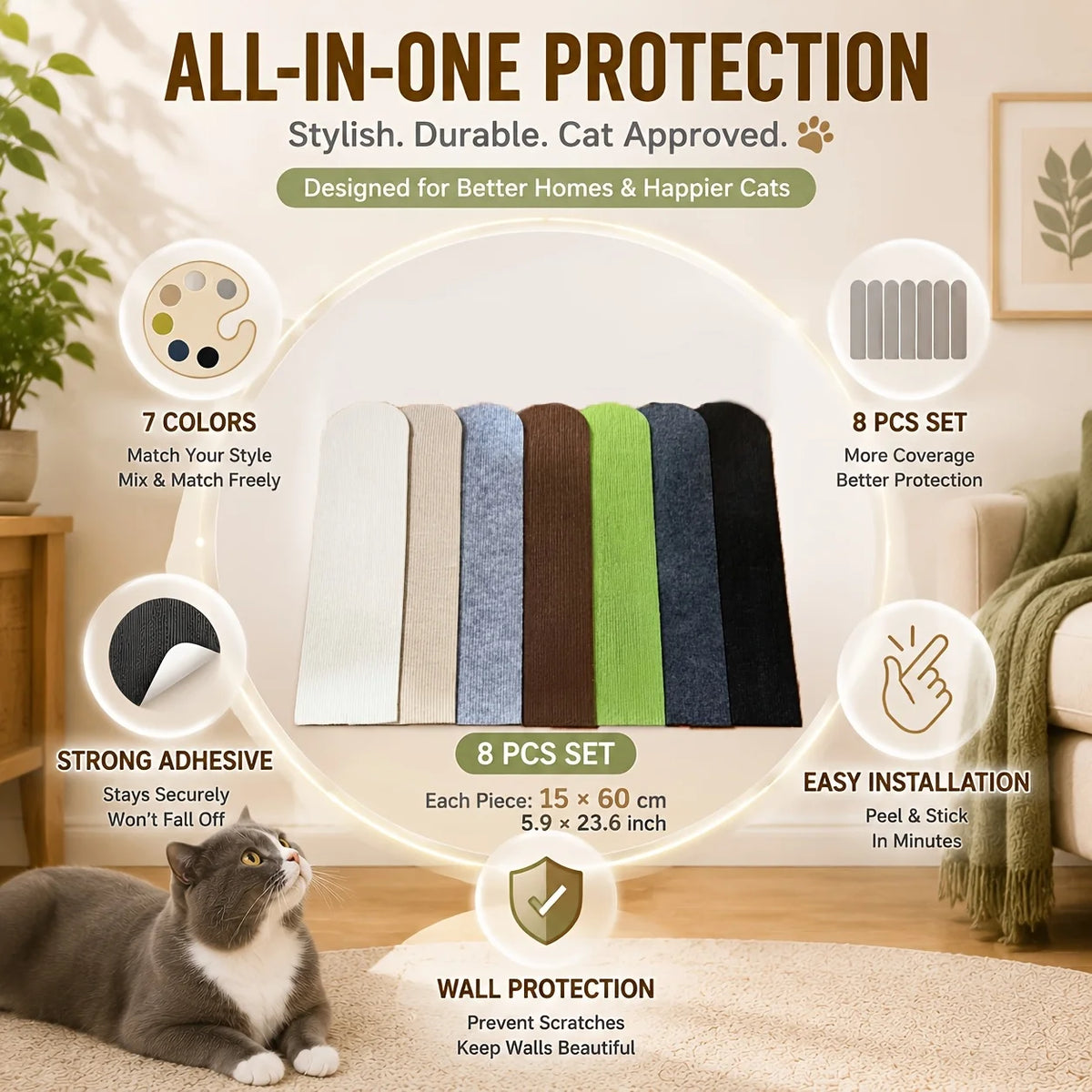 8PCS Self-Adhesive Removable Cat Scratching Board,Suitable for Home Use in Furniture Surfaces,Cat Wall Scratcher Protector