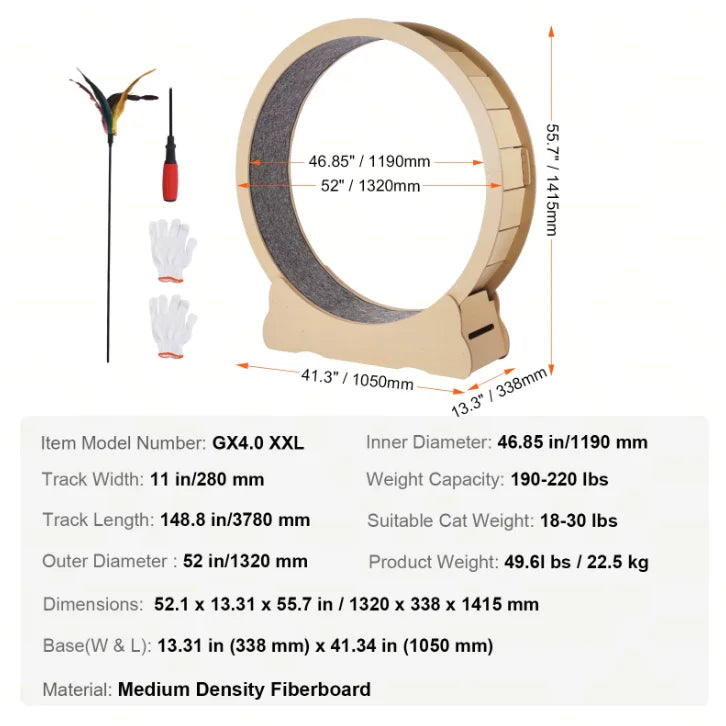SucceBuy Wooden Cat Exercise Wheel Large Cat Treadmill Wheel for Indoor Cat Running Wheel with Detachable Carpet & Cat Teaser
