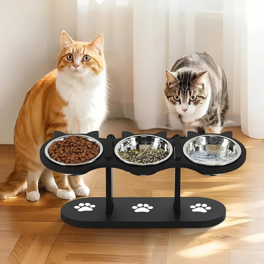 Elevated Black Cat Ear 3 Bowl Cat Feeder Solid Wood Frame and Stainless Steel Bowls Pet Feeding Rack for Indoor Multiple  Cats