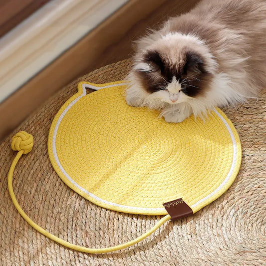Cotton Rope Cat Scratching Mat Cute Cat Head Shape Scratch Pad with Knotted Toy Ball Wear Resistant Cat Grinding Claw Pad Indoor