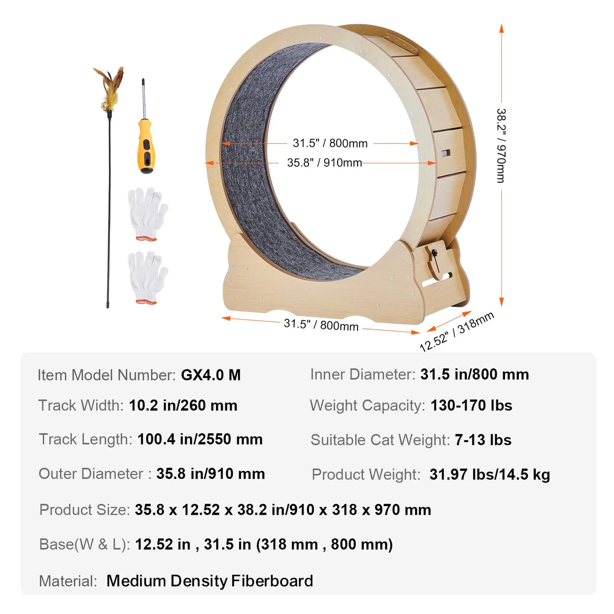 SucceBuy Wooden Cat Exercise Wheel Large Cat Treadmill Wheel for Indoor Cat Running Wheel with Detachable Carpet & Cat Teaser