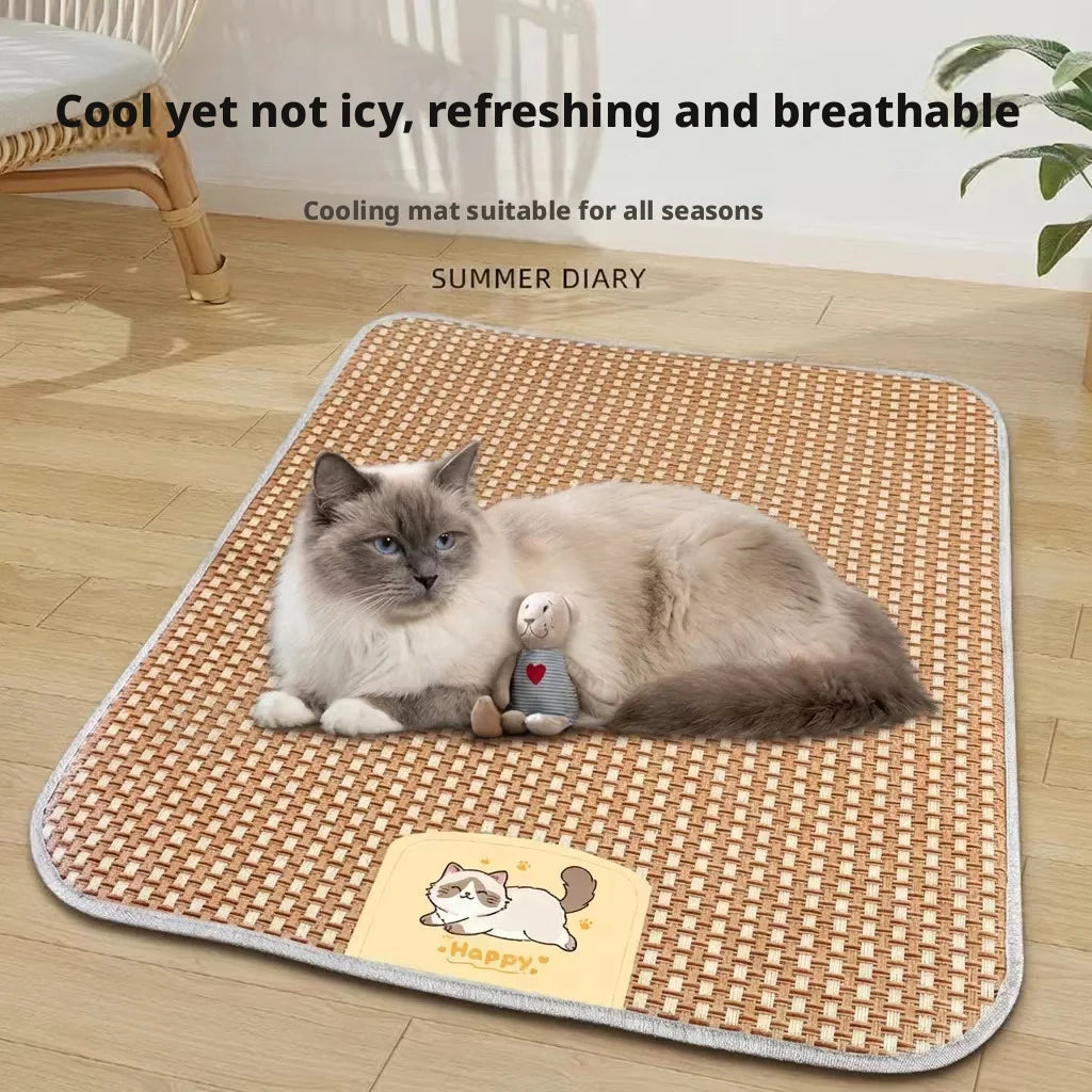 Pet Cooling Mat for Dogs Cats, Summer Rattan Sleeping Pad, Non-Slip Breathable Bed Mat