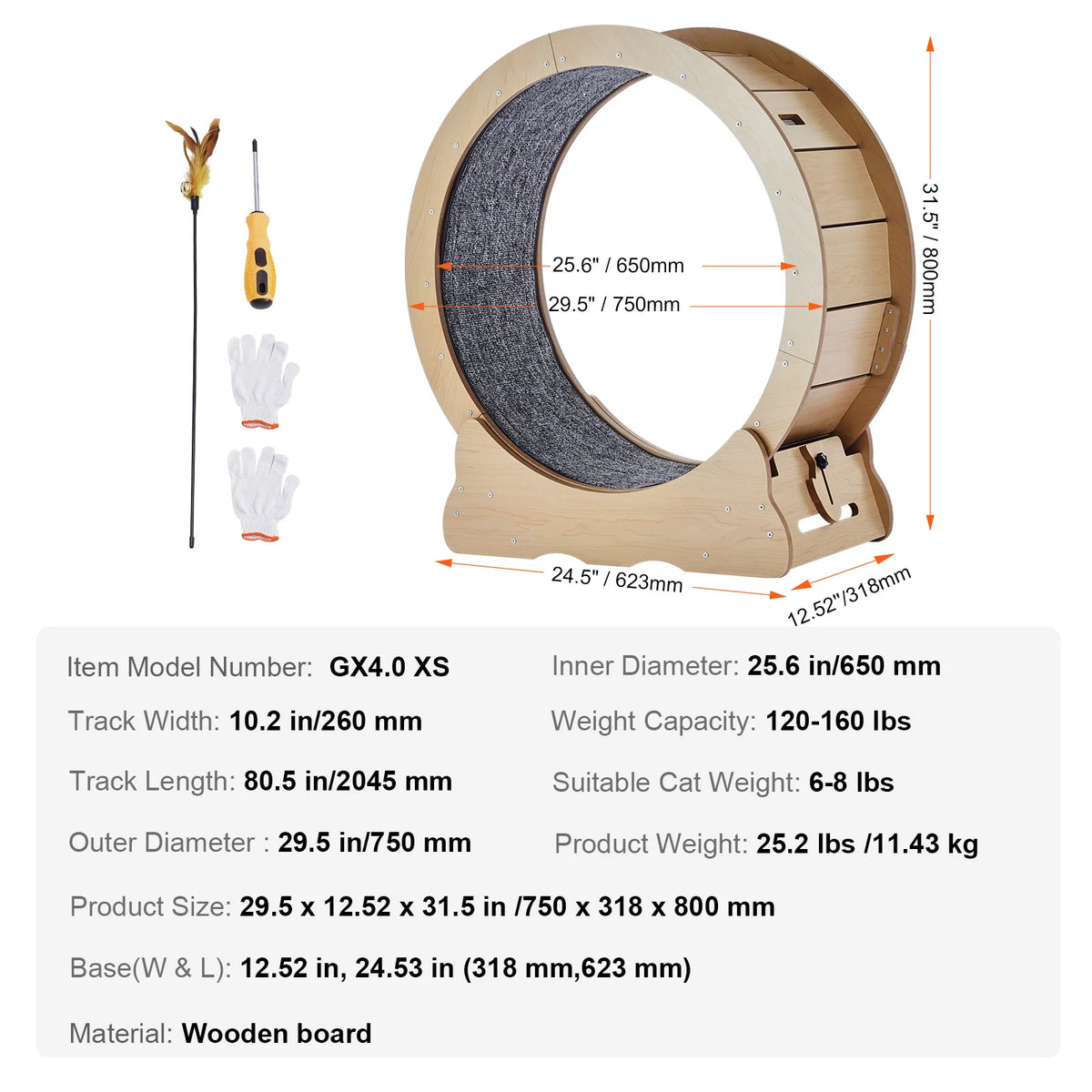 SucceBuy Wooden Cat Exercise Wheel Large Cat Treadmill Wheel for Indoor Cat Running Wheel with Detachable Carpet & Cat Teaser