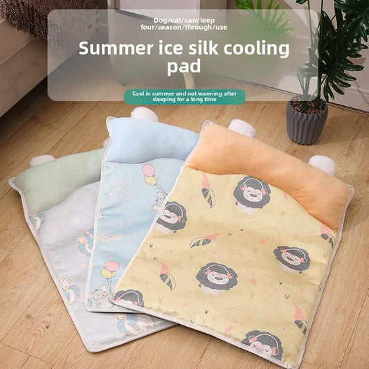 Summer Ice Silk Cold Mat Universal for Small Medium-sized Dog Beds Printed with Pillow Soft and Comfortable Cat Bed Accessories