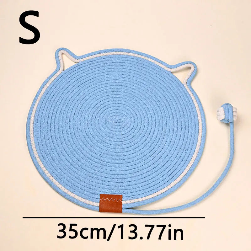 Cotton Rope Cat Scratching Mat Cute Cat Head Shape Scratch Pad with Knotted Toy Ball Wear Resistant Cat Grinding Claw Pad Indoor