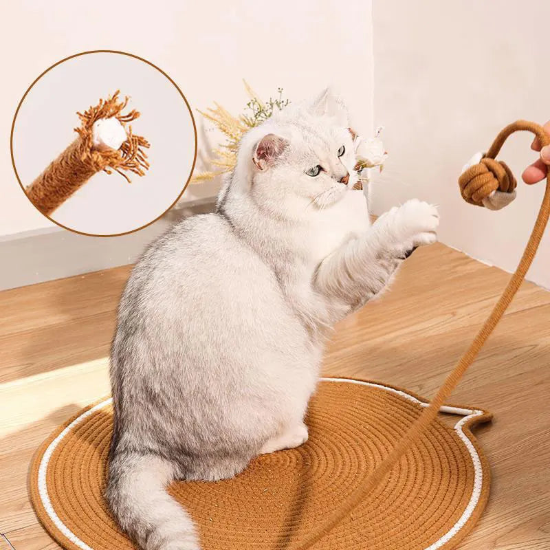 Cotton Rope Cat Scratching Mat Cute Cat Head Shape Scratch Pad with Knotted Toy Ball Wear Resistant Cat Grinding Claw Pad Indoor