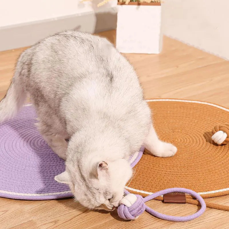 Cotton Rope Cat Scratching Mat Cute Cat Head Shape Scratch Pad with Knotted Toy Ball Wear Resistant Cat Grinding Claw Pad Indoor