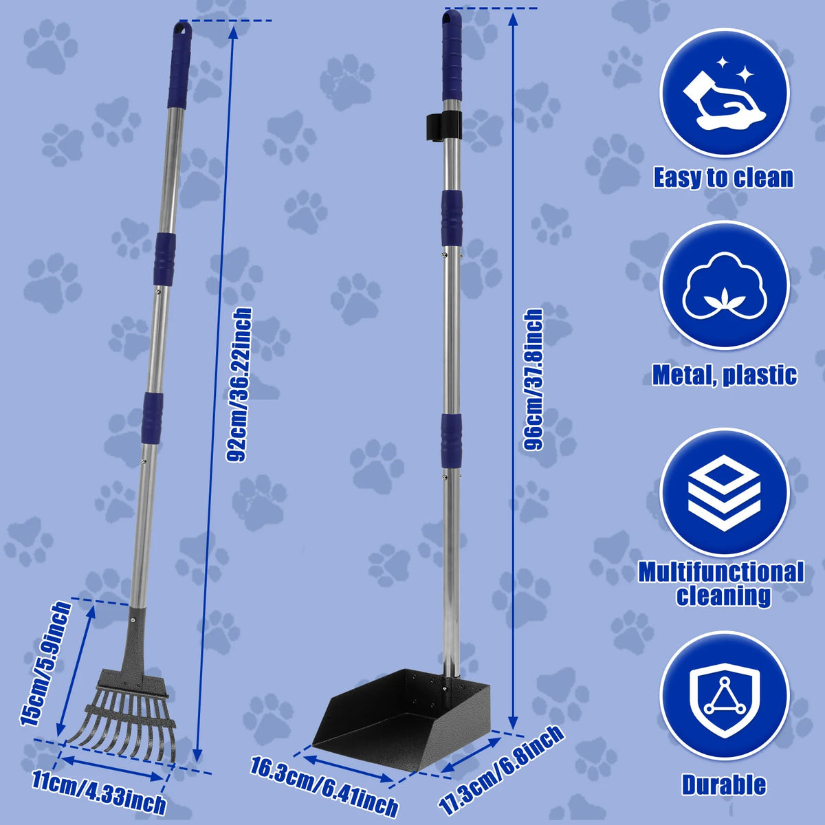 2/3Pcs Pet Pooper Scooper Set with Long Handle Multifunctional Metal Tray Rake Spade Dog Poop Picker For Pet Waste Removal