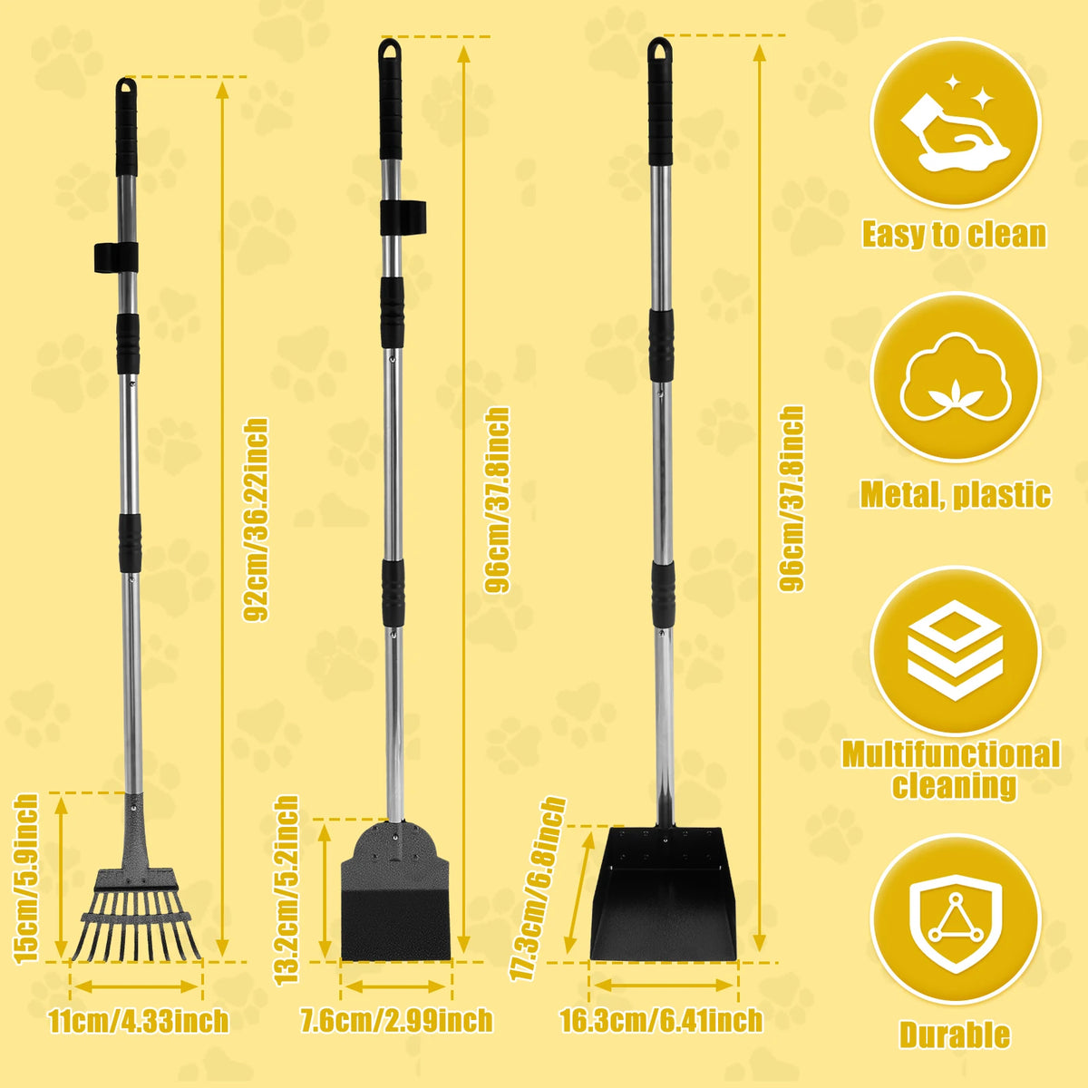 2/3Pcs Pet Pooper Scooper Set with Long Handle Multifunctional Metal Tray Rake Spade Dog Poop Picker For Pet Waste Removal