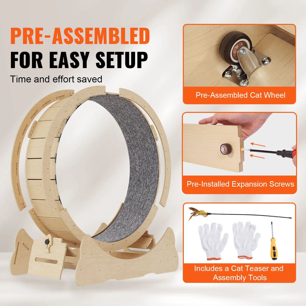 SucceBuy Wooden Cat Exercise Wheel Large Cat Treadmill Wheel for Indoor Cat Running Wheel with Detachable Carpet & Cat Teaser