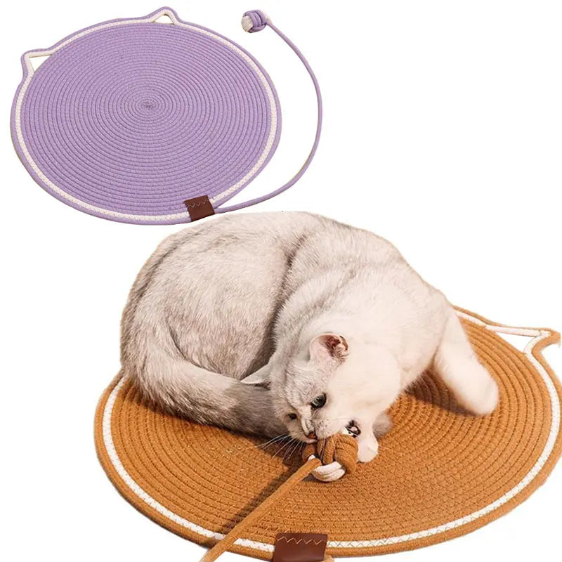 Cotton Rope Cat Scratching Mat Cute Cat Head Shape Scratch Pad with Knotted Toy Ball Wear Resistant Cat Grinding Claw Pad Indoor