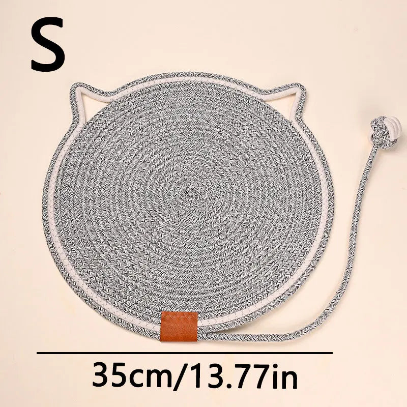 Cotton Rope Cat Scratching Mat Cute Cat Head Shape Scratch Pad with Knotted Toy Ball Wear Resistant Cat Grinding Claw Pad Indoor