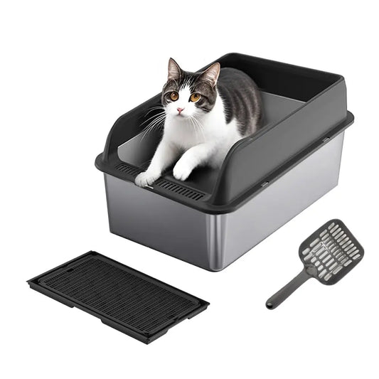 38L Large Stainless Steel Cat Litter Box, Semi-Open High-Sided Cat Litter Tray with Double Layer Filter Mat, Non-Stick Bottom, Odor-Resistant, Includes Litter Scoop for Indoor Cats