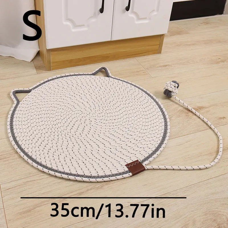 Cotton Rope Cat Scratching Mat Cute Cat Head Shape Scratch Pad with Knotted Toy Ball Wear Resistant Cat Grinding Claw Pad Indoor