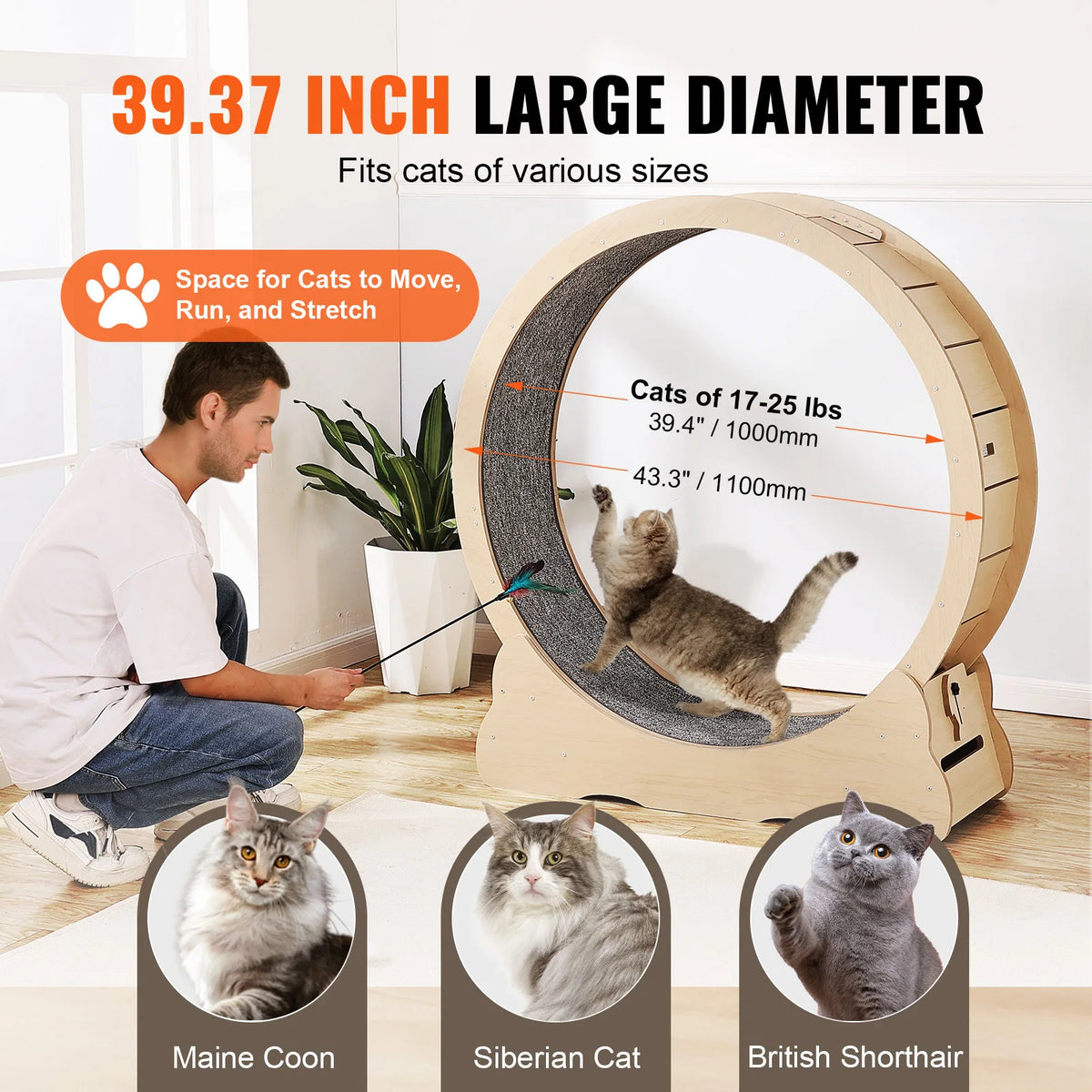 SucceBuy Wooden Cat Exercise Wheel Large Cat Treadmill Wheel for Indoor Cat Running Wheel with Detachable Carpet & Cat Teaser