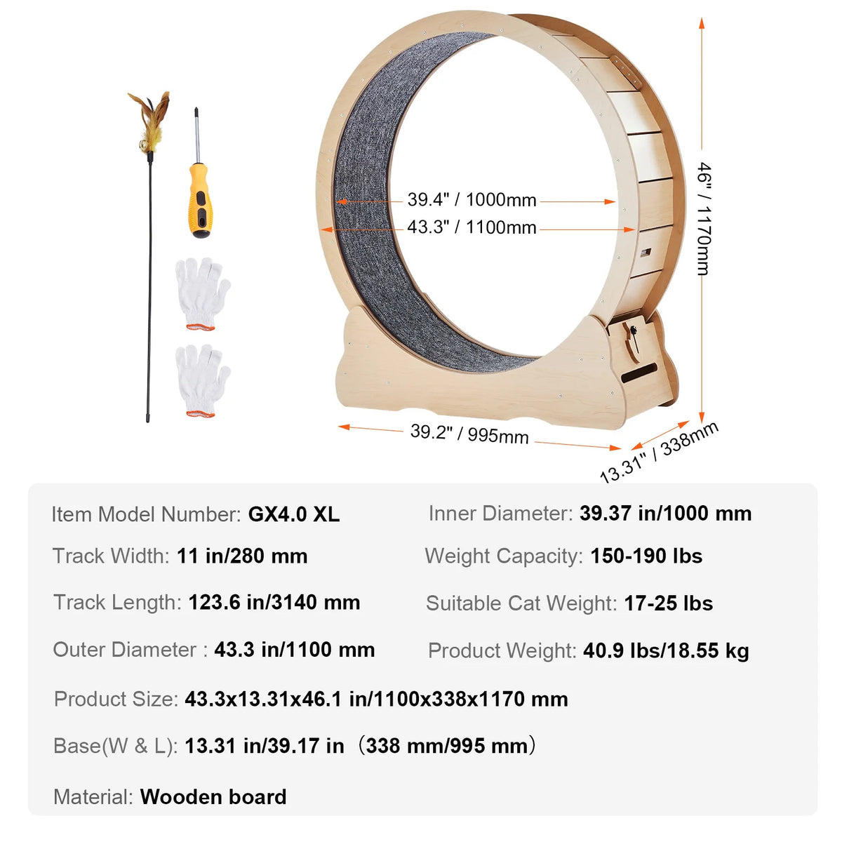 SucceBuy Wooden Cat Exercise Wheel Large Cat Treadmill Wheel for Indoor Cat Running Wheel with Detachable Carpet & Cat Teaser