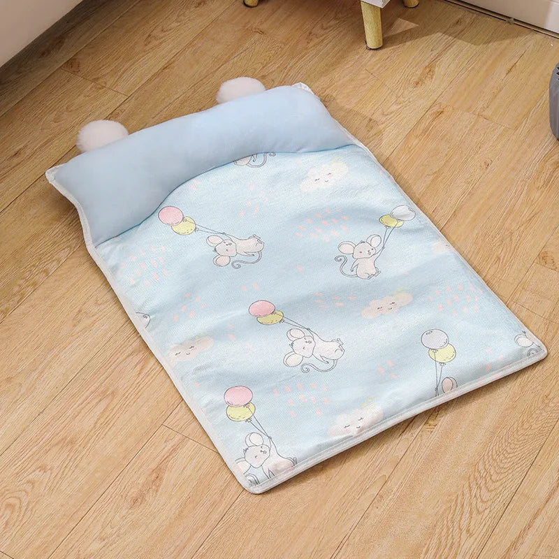 Summer Ice Silk Cold Mat Universal for Small Medium-sized Dog Beds Printed with Pillow Soft and Comfortable Cat Bed Accessories