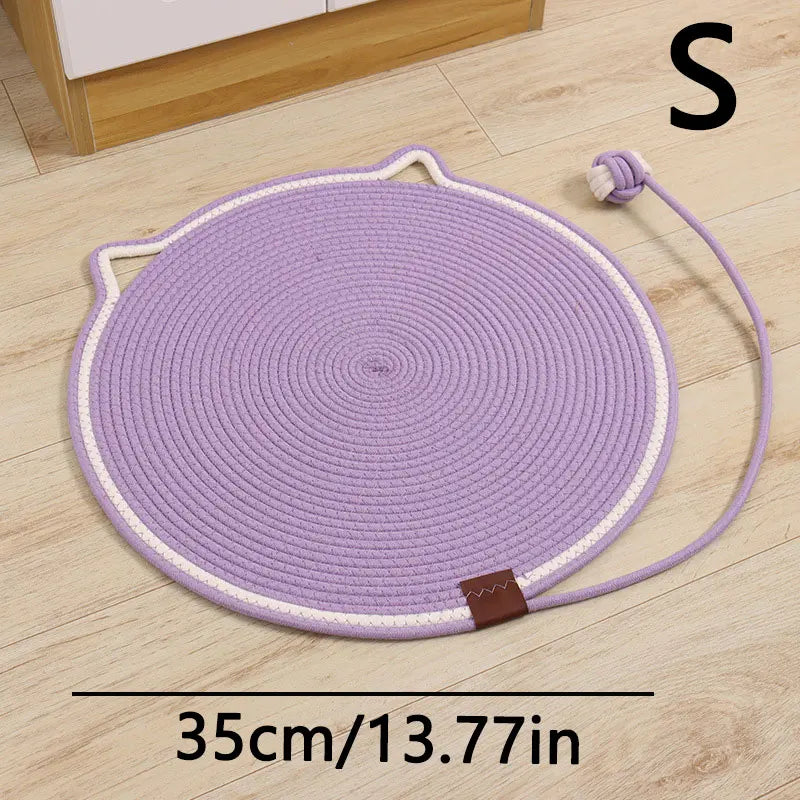 Cotton Rope Cat Scratching Mat Cute Cat Head Shape Scratch Pad with Knotted Toy Ball Wear Resistant Cat Grinding Claw Pad Indoor