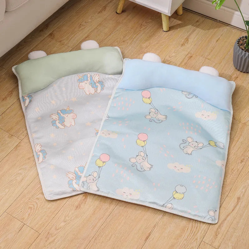 Summer Ice Silk Cold Mat Universal for Small Medium-sized Dog Beds Printed with Pillow Soft and Comfortable Cat Bed Accessories