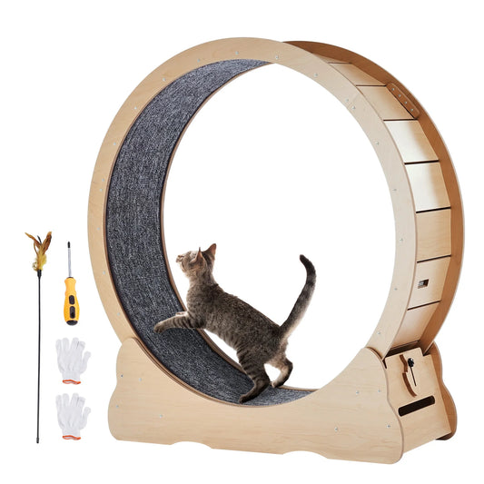 SucceBuy Wooden Cat Exercise Wheel Large Cat Treadmill Wheel for Indoor Cat Running Wheel with Detachable Carpet & Cat Teaser